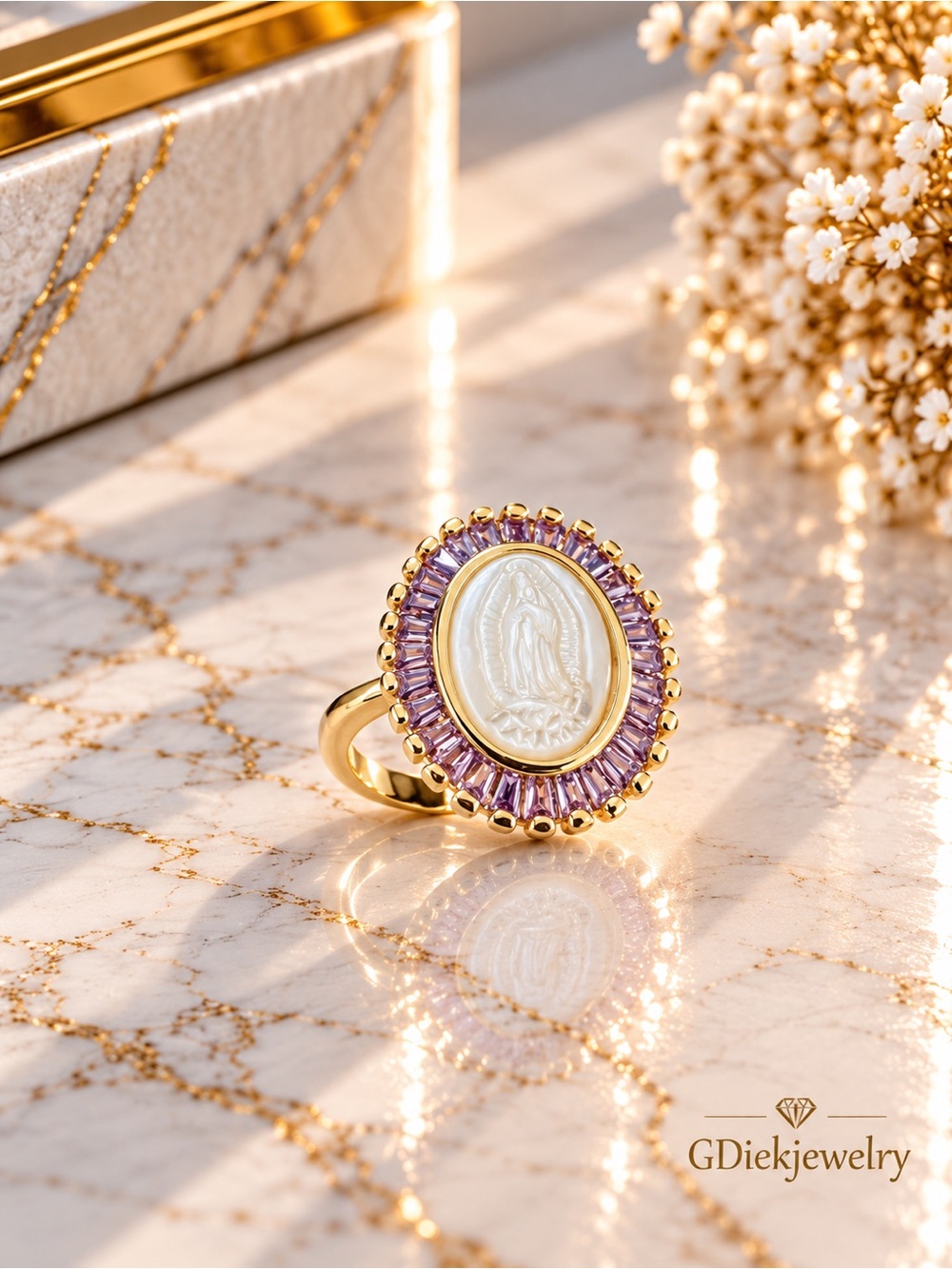 Gold Filled Adjustable Ring with Purple Stones and Mother-of-Pearl Medallion
